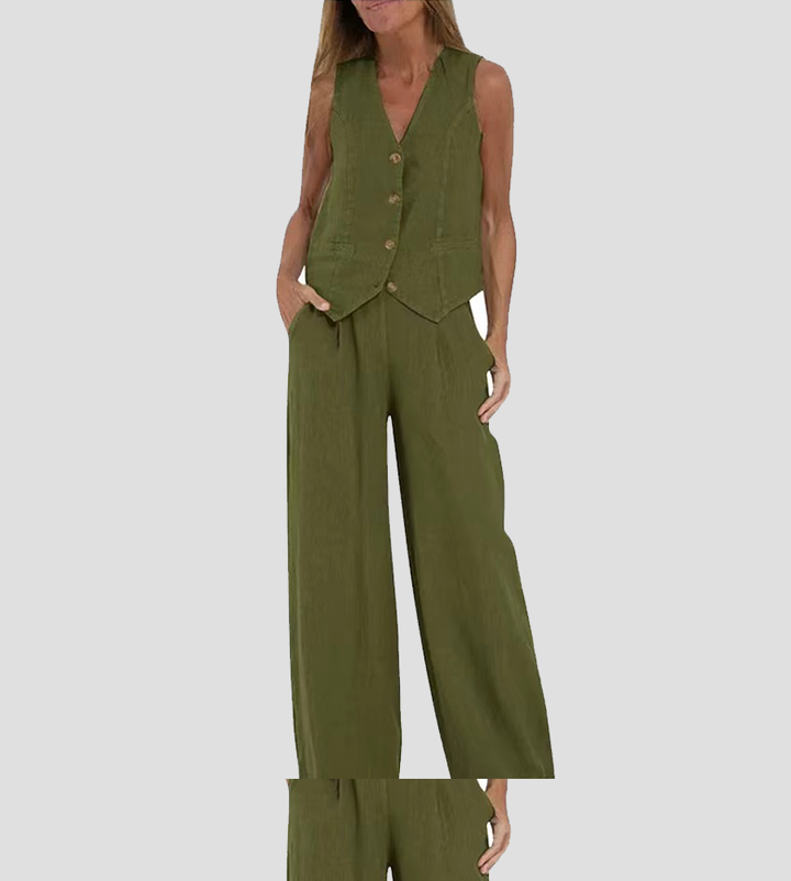 Aira - Buttoned Vest and Wide-Leg Pants Set
