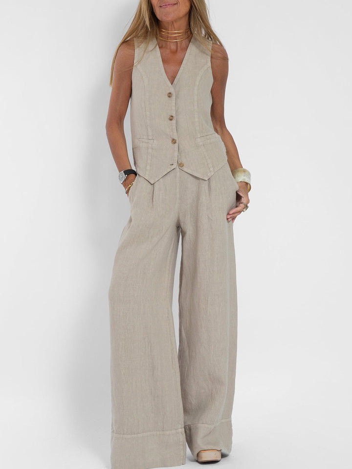 Aira - Buttoned Vest and Wide-Leg Pants Set