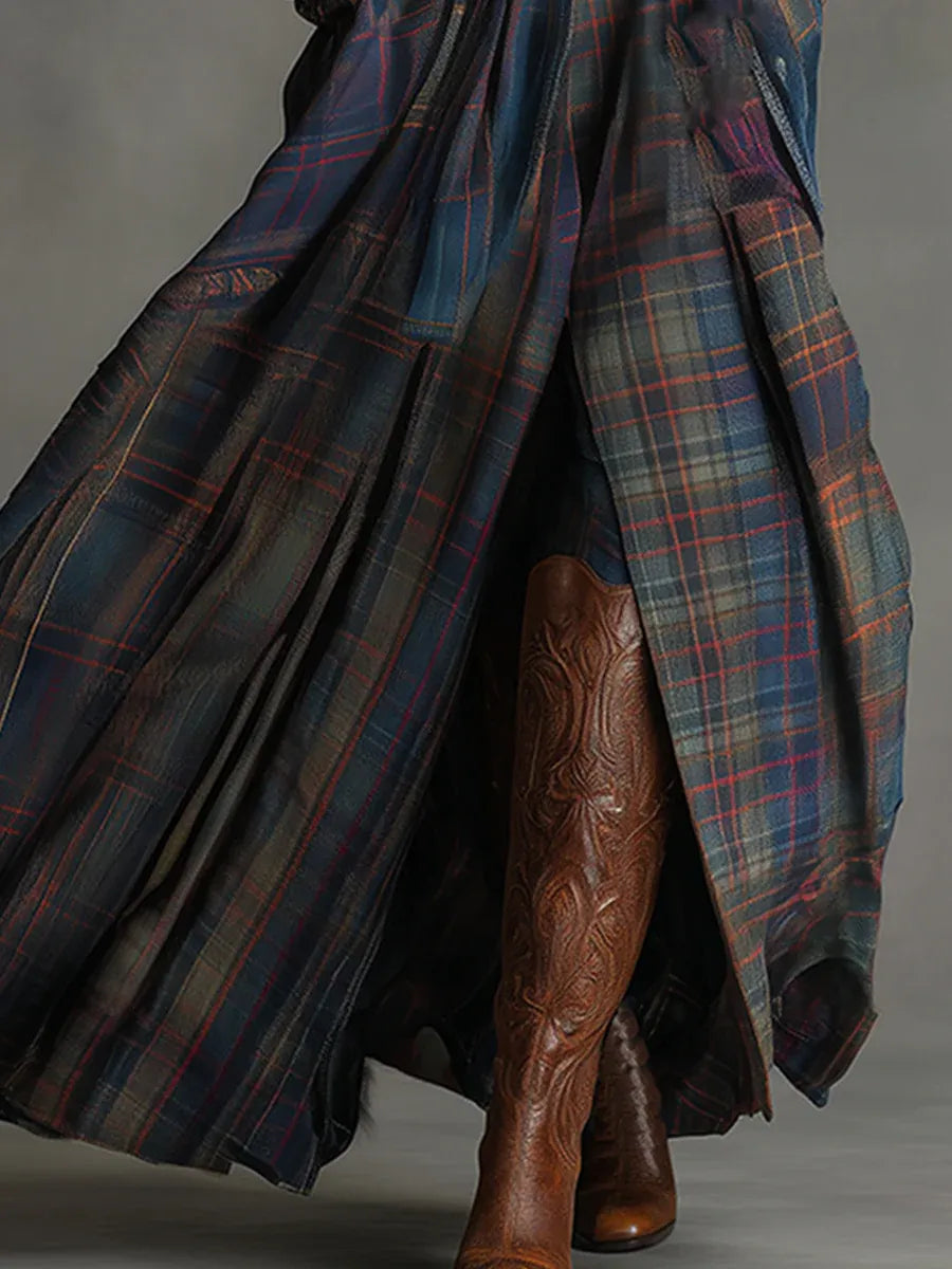 Retro Ethnic Style Blue Faux Suede Plaid Maxi Dress(Includes belt)