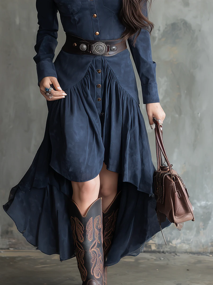 Retro Blue Lapel Button Pocket Irregular Flowy Midi Dress（With belt）