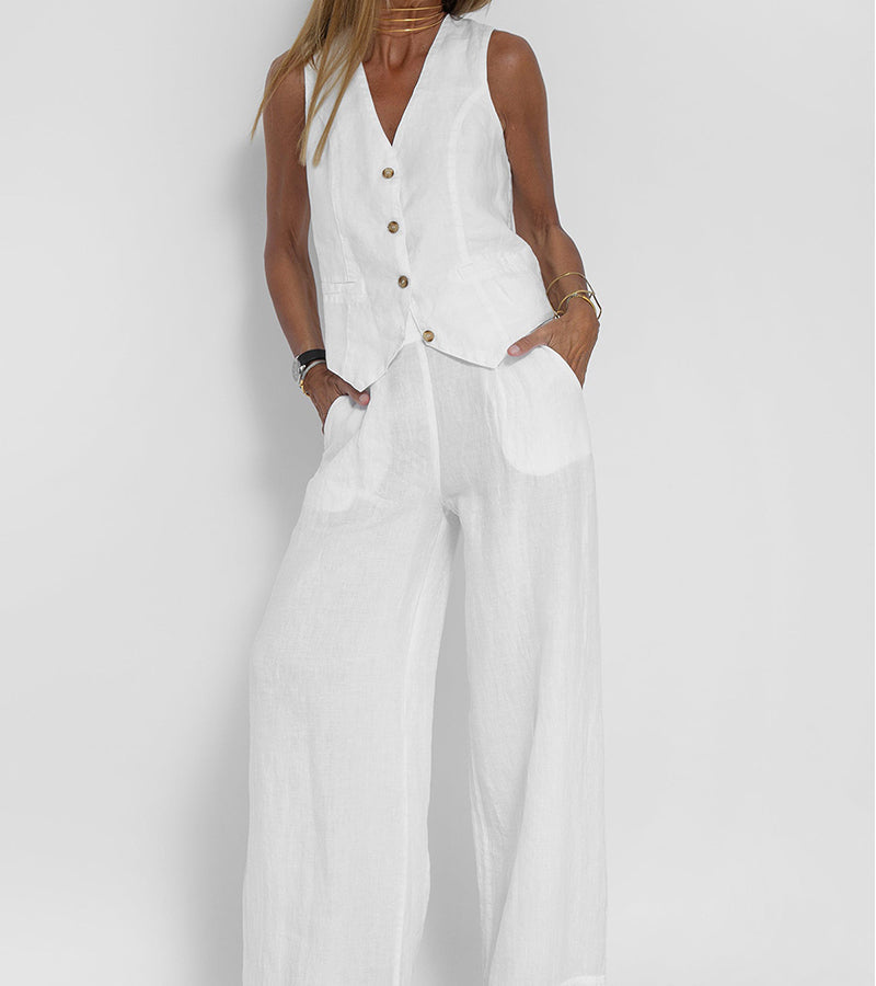 Aira - Buttoned Vest and Wide-Leg Pants Set