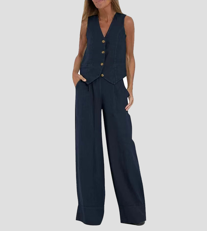 Aira - Buttoned Vest and Wide-Leg Pants Set
