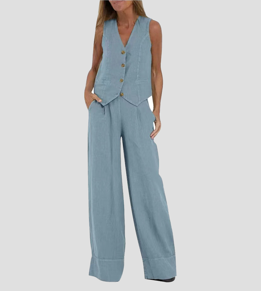 Aira - Buttoned Vest and Wide-Leg Pants Set