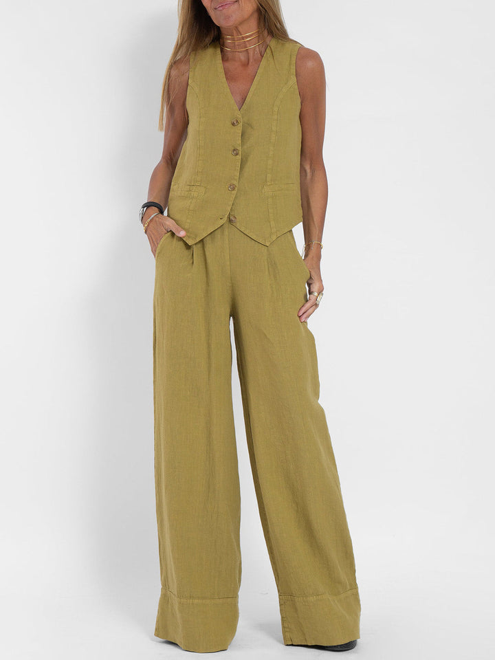 Aira - Buttoned Vest and Wide-Leg Pants Set