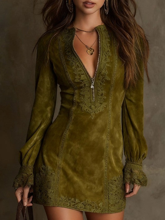 Vintage Blue Suede Lace Trim Mini Dress