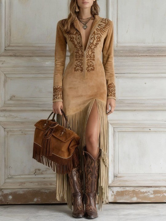 Western Half-Zip Embroidered Faux Suede Fringe Maxi Dress